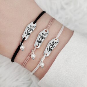 Pulsera de hoja de laurel, pulsera con dije de flor de hoja de plata, pulsera de hilo de hoja, pulsera de la amistad con cordón ajustable, regalo de dama de honor, regalo para ella
