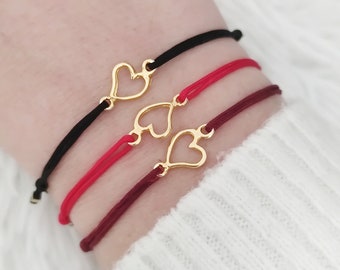 Open heart string bracelet, Sterling silver bracelet, Minimalist gold heart bracelet, Heart adjustable cord bracelet, Gift for girlfriend