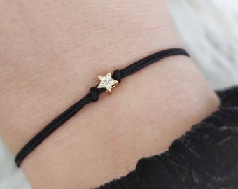 Tiny Star CZ Cubic Zirconia string bracelet, Adjustable cord bracelet, Star friendship bracelet, Gold steel bracelet, Star wish bracelet