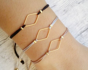 Gold Rhombus charm bracelet,Friendship bracelet,Geometric cord string bracelet,Adjustable macramé bracelet,Minimalist diamond shape bracelet