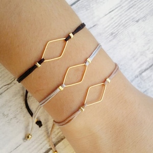 Gold Rhombus charm bracelet,Friendship bracelet,Geometric cord string bracelet,Adjustable macramé bracelet,Minimalist diamond shape bracelet