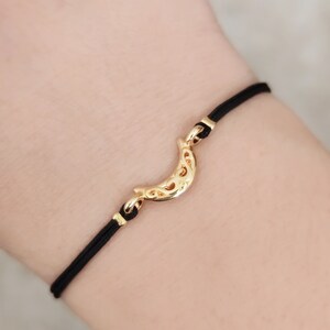 Gold Crescent moon bracelet, Adjustable cord bracelet, Moon wish friendship bracelet, celestial jewelry, gift for her, stocking filler Black