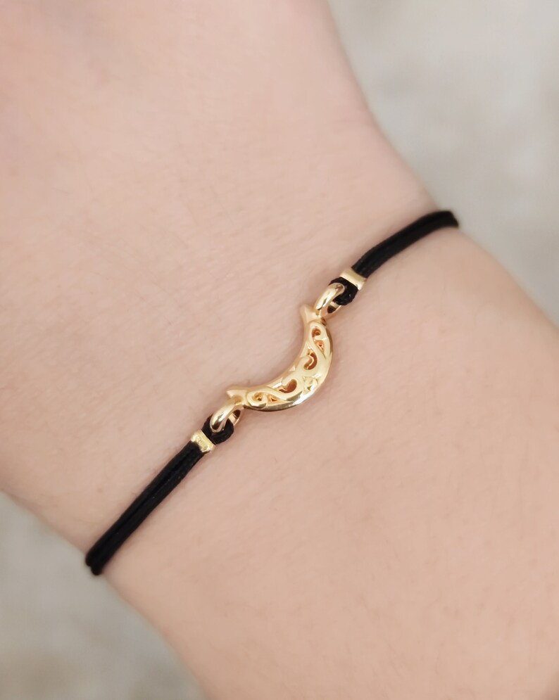 Gold Crescent moon bracelet, Adjustable cord bracelet, Moon wish friendship bracelet, celestial jewelry, gift for her, stocking filler Czarny