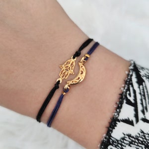 Gold Crescent moon bracelet, Adjustable cord bracelet, Moon wish friendship bracelet, celestial jewelry, gift for her, stocking filler image 7
