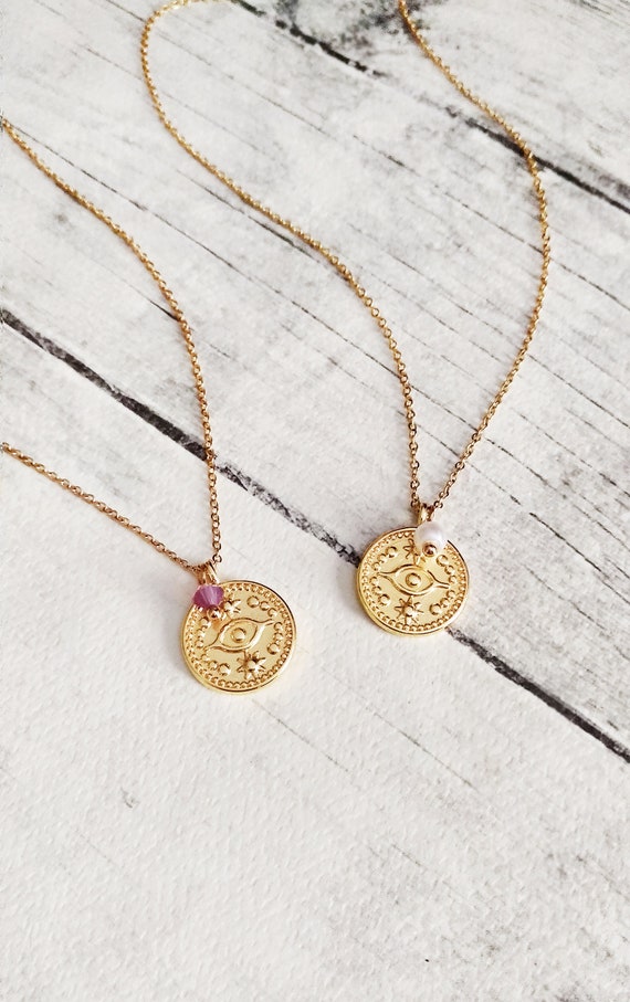 Gold Coin Necklace Layering Necklace Evil Eye Necklace Lucky Charm Necklace