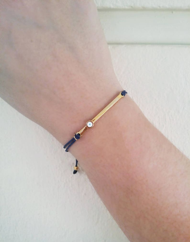 Gold Bar bracelet, Evil eye bracelet, Friendship bracelet, Adjustable cord bracelet, Lucky charm bracelet, Gift for her, Birthday gift image 7