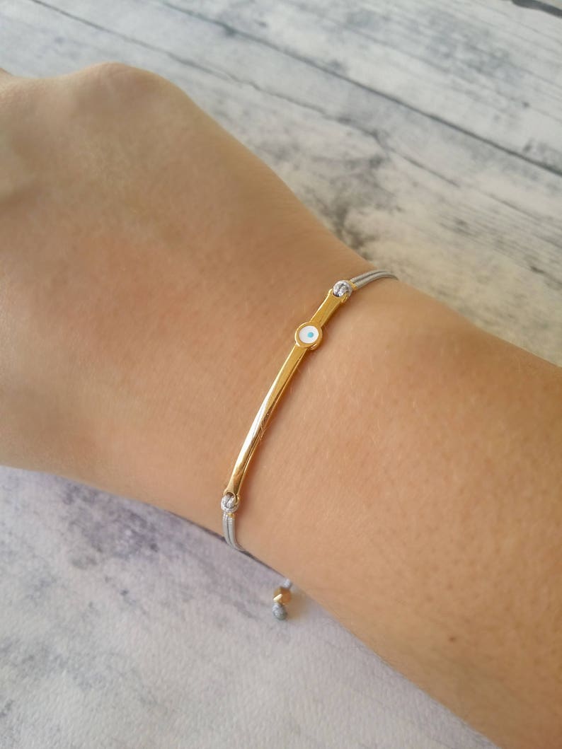 Gold Bar bracelet, Evil eye bracelet, Friendship bracelet, Adjustable cord bracelet, Lucky charm bracelet, Gift for her, Birthday gift image 4