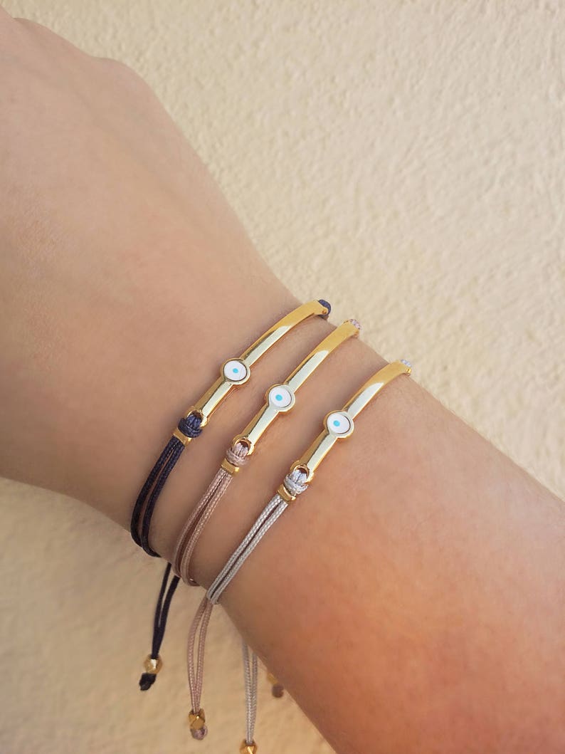 Gold Bar bracelet, Evil eye bracelet, Friendship bracelet, Adjustable cord bracelet, Lucky charm bracelet, Gift for her, Birthday gift image 6