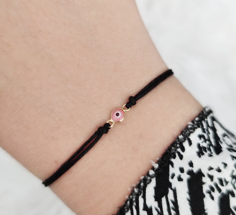 Tiny Pink Evil Eye bracelet-Gold 925 Sterling Silver Evil Eye bracelet-Evil Eye Friendship Cord bracelet-Evil eye protection lucky bracelet Black