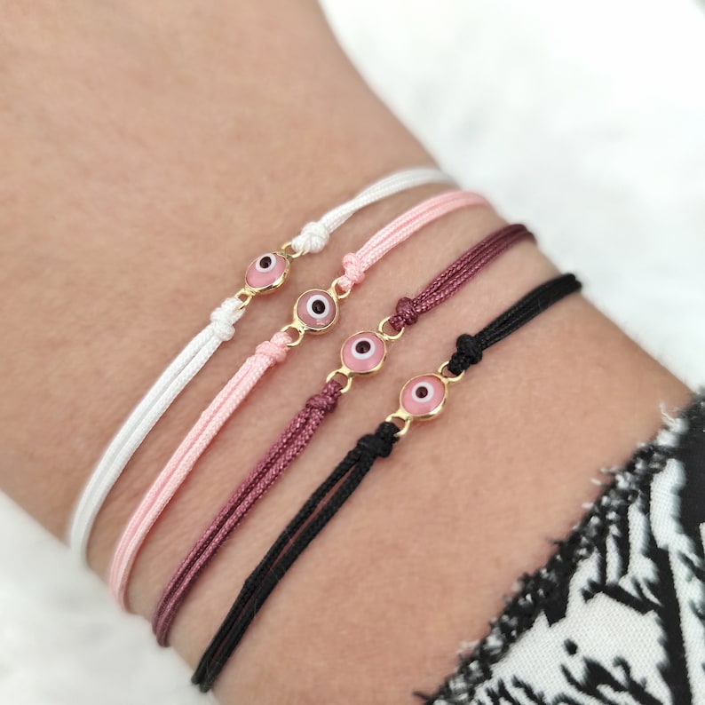 Tiny Pink Evil Eye bracelet-Gold 925 Sterling Silver Evil Eye bracelet-Evil Eye Friendship Cord bracelet-Evil eye protection lucky bracelet image 5