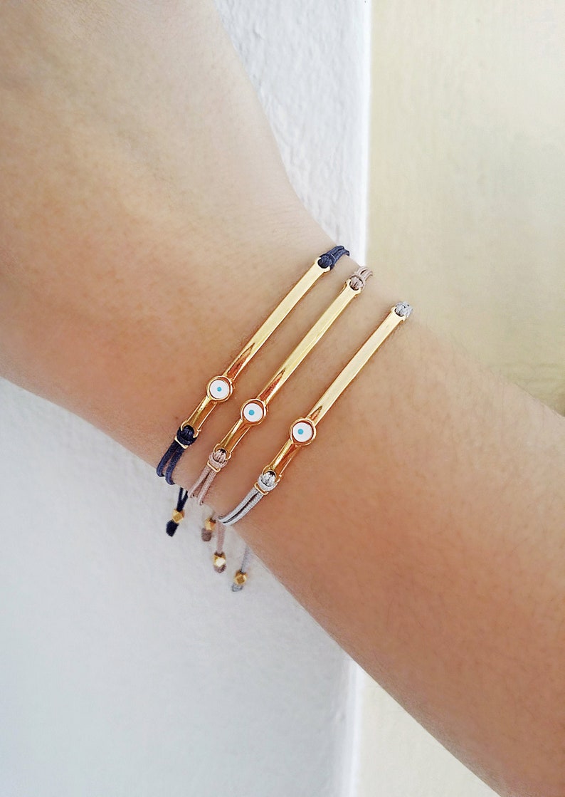 Gold Bar bracelet, Evil eye bracelet, Friendship bracelet, Adjustable cord bracelet, Lucky charm bracelet, Gift for her, Birthday gift image 1
