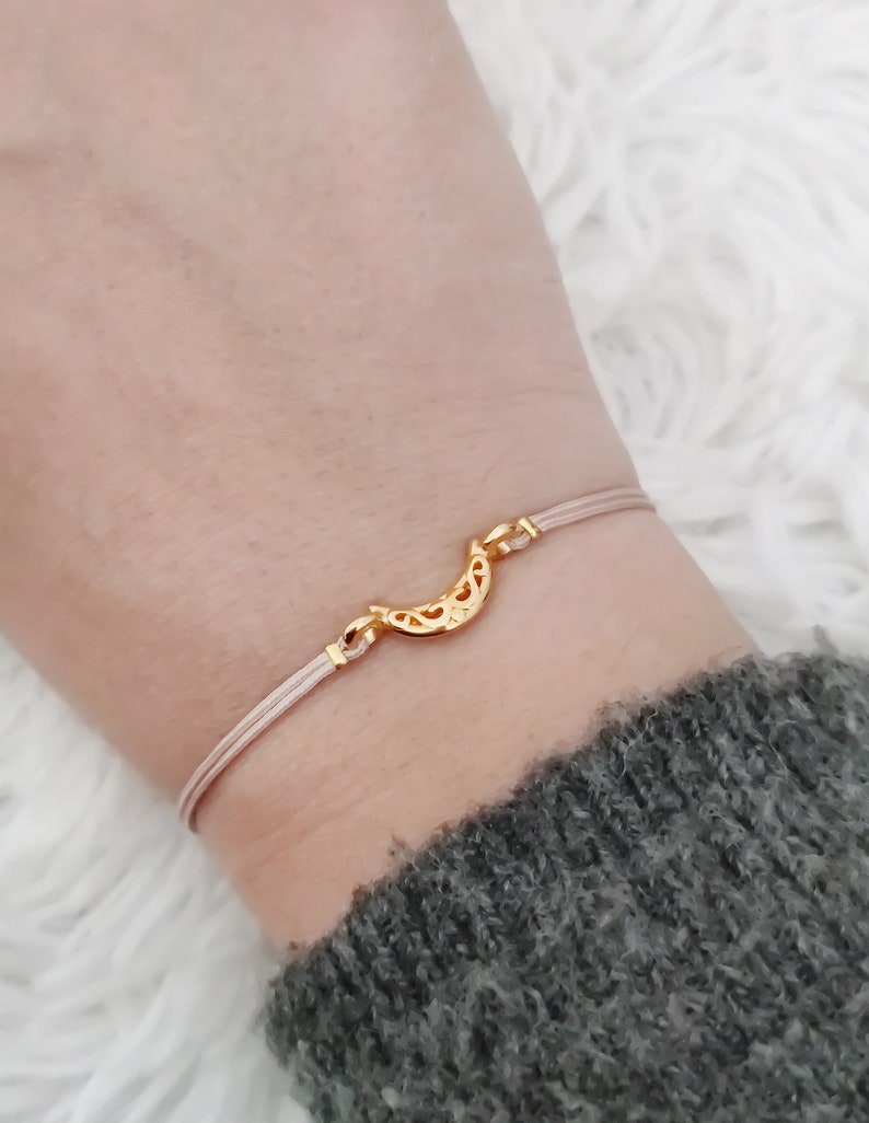 Gold Crescent moon bracelet, Adjustable cord bracelet, Moon wish friendship bracelet, celestial jewelry, gift for her, stocking filler Sand-Beige