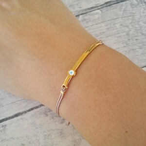 Gold Bar bracelet, Evil eye bracelet, Friendship bracelet, Adjustable cord bracelet, Lucky charm bracelet, Gift for her, Birthday gift image 5