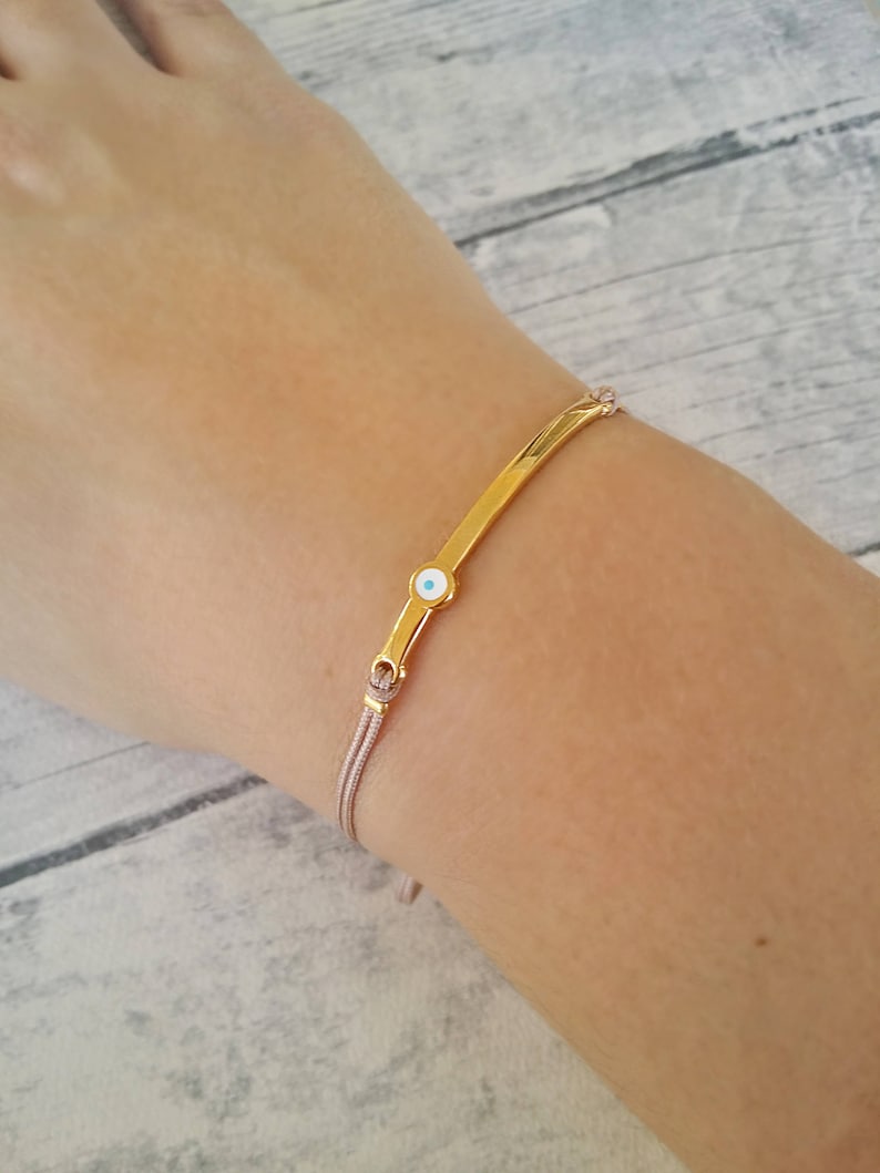 Gold Bar bracelet, Evil eye bracelet, Friendship bracelet, Adjustable cord bracelet, Lucky charm bracelet, Gift for her, Birthday gift image 5