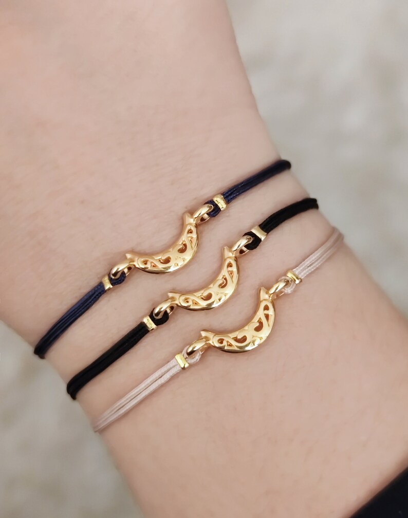 Gold Crescent moon bracelet, Adjustable cord bracelet, Moon wish friendship bracelet, celestial jewelry, gift for her, stocking filler Dark Blue