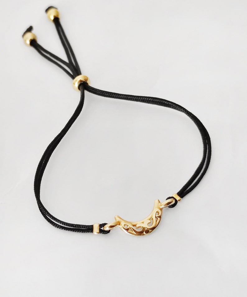 Gold Crescent moon bracelet, Adjustable cord bracelet, Moon wish friendship bracelet, celestial jewelry, gift for her, stocking filler image 3