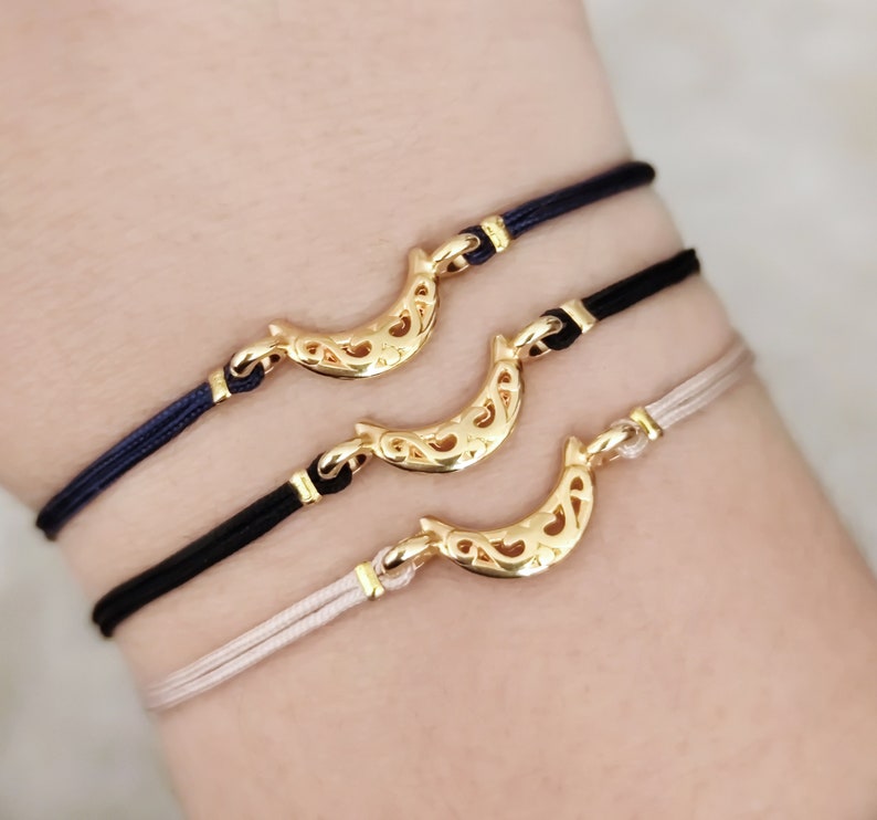 Gold Crescent moon bracelet, Adjustable cord bracelet, Moon wish friendship bracelet, celestial jewelry, gift for her, stocking filler image 1