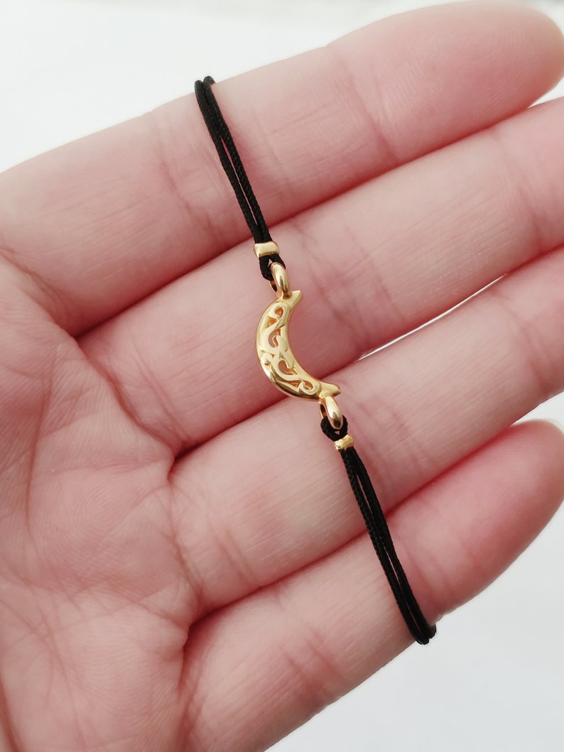 Gold Crescent moon bracelet, Adjustable cord bracelet, Moon wish friendship bracelet, celestial jewelry, gift for her, stocking filler image 6