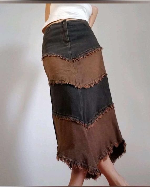 Vintage Western Brown and Black Maxi Long Denim Skirt Fringe Fringes Cowboy Goth Punk Whimsygoth Grunge Etsy UK