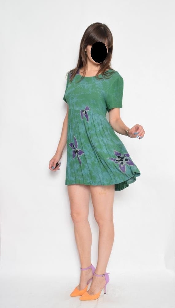 Vintage 90's Green Floral Mini Dress / Green Tent
