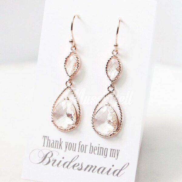 Rose gold clear long earrings, Rose gold dangle earrings, Rose gold wedding earrings, Rose gold bridal earrings, Rose gold jewelry,