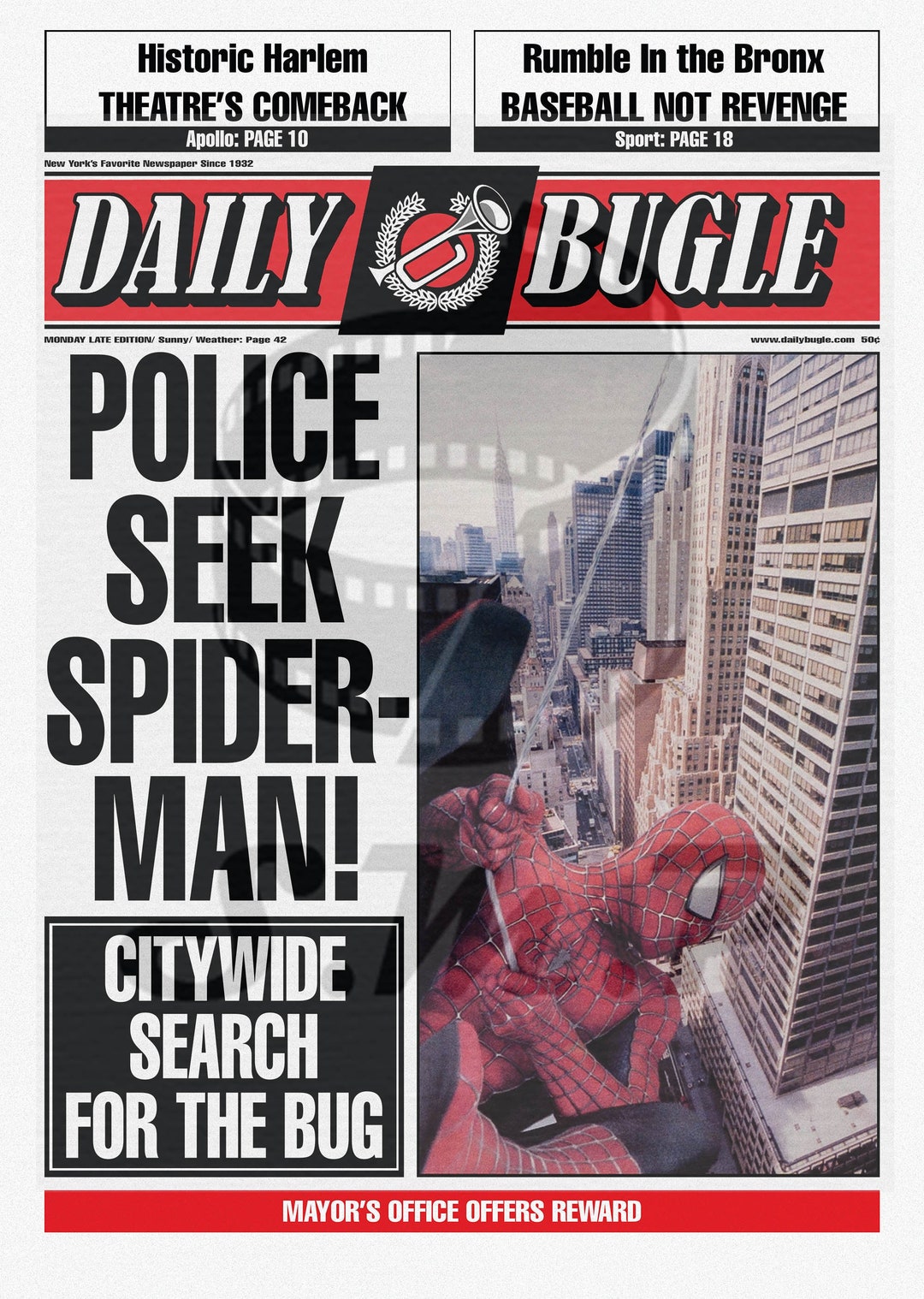 First Page, Daily Bugle Spider Man police Seek Etsy