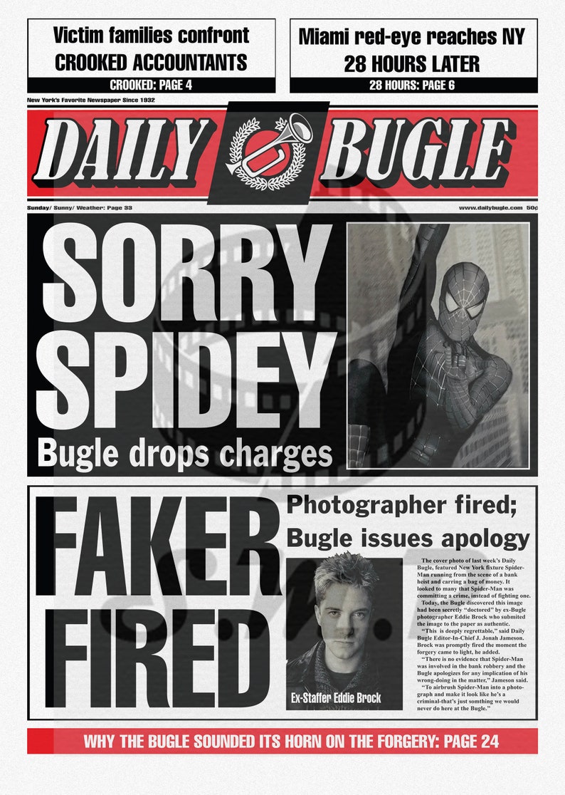 First Page Daily Bugle Spider Man Sorry Spidey Etsy