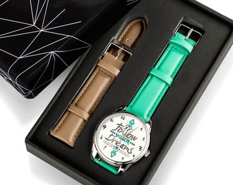 Follow Your Dreams Wrist Watch Quote Watch Green Leather Wrist Watch Woman Leather Watch Womens Watch Gift Idea for her wholesale watch