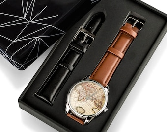 Kijk ZIZ Wereldkaart bruin. Herenpolshorloge. Reiscadeau. Vintage polshorloge. Groothandel in reishorloges. Uniseks polshorloge. Cadeautje om weg te gaan.