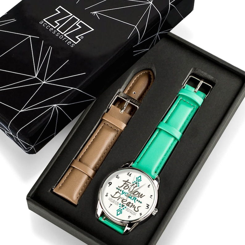 Follow Your Dreams Wrist Watch Quote Watch Green Leather Wrist Etsy