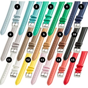 May include: Fifteen different colored leather watch straps. The straps are all the same size and style, but they come in a variety of colors, including blue, green, red, yellow, and white.