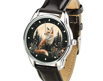 Red Fox Wristwatch - Moon and Forest Design - Ideal Gift for Wildlife Fans - Women Watches - Gift for Her - Gifts for Women