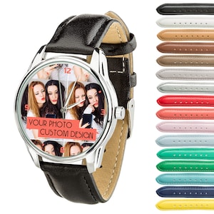 May include: A silver watch with a black leather band. The watch face has a collage of photos with the text "YOUR PHOTO CUSTOM DESIGN". The watch comes with a variety of colored bands to choose from.