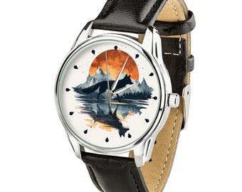 Fox and Mountain Sunset Wristwatch – Unique Nature-Inspired Watch for Her or Him, Perfect Gift for Wildlife Lovers