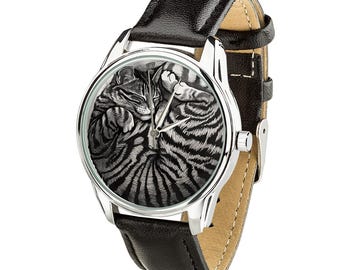 Reloj de pulsera con diseño de gato durmiendo: correa de cuero negra, regalo único para amantes de los gatos, reloj minimalista con diseño de gato
