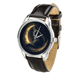 Elegant Cat on Crescent Moon Watch – Glittering Stars Design for Animal and Astronomy Enthusiasts