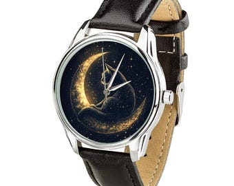Elegant Cat on Crescent Moon Watch – Glittering Stars Design for Animal and Astronomy Enthusiasts