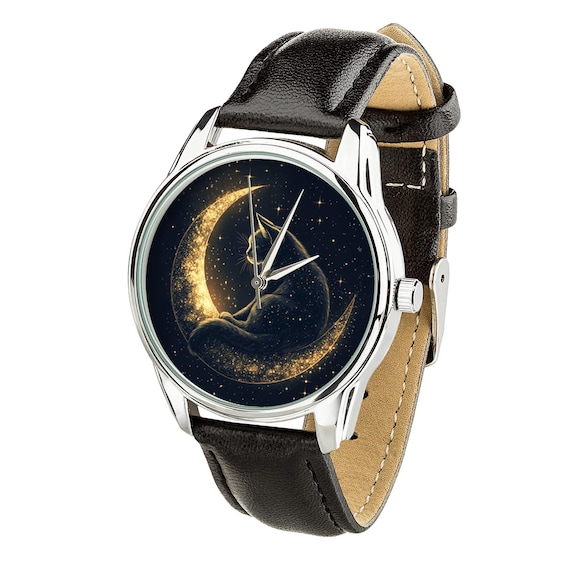 Elegant Cat on Crescent Moon Watch – Glittering Stars Design for Animal and Astronomy Enthusiasts