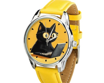 Yellow Leather Watch with Black Cat – Cat Wearing Glasses, Laptop Design, Perfect Gift for Cat Lovers and Tech Enthusiasts