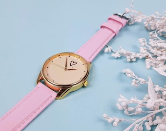 Ladies wrist watch with heart. ZIZ personalized watch. Minimal handmade wrist watch. Boho watch. Casual watch for woman. Gold woman's watch.