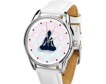 Yoga-Inspired Mandala Wristwatch – Meditation Art Watch with White Strap, Unique Gift for Yoga Lovers, Mindfulness Accessory