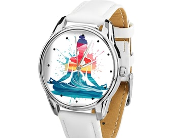 Watercolor Yoga Wristwatch – Meditating Pose Art Watch with White Strap, Perfect for Yoga Lovers and Mindfulness Enthusiasts