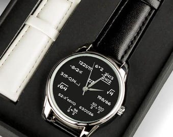 Wiskundehorloge, wiskundeliefhebber cadeau polshorloge met formules perfect cadeau voor echtgenoot, vader, broer voor Kerstmis, verjaardag. Leren band: