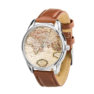 Montre-bracelet carte du vieux monde sur bracelet marron, montre-bracelet de voyageur cadeau pour lui, bracelet supplémentaire gratuit dans une boîte cadeau, montre unisexe