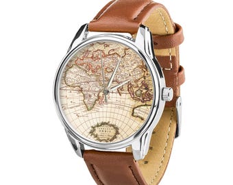 Wrist watch Old World Map on brown strap, Gift for him Travelers Wristwatch, Free extra strap in giftbox, Unisex watch