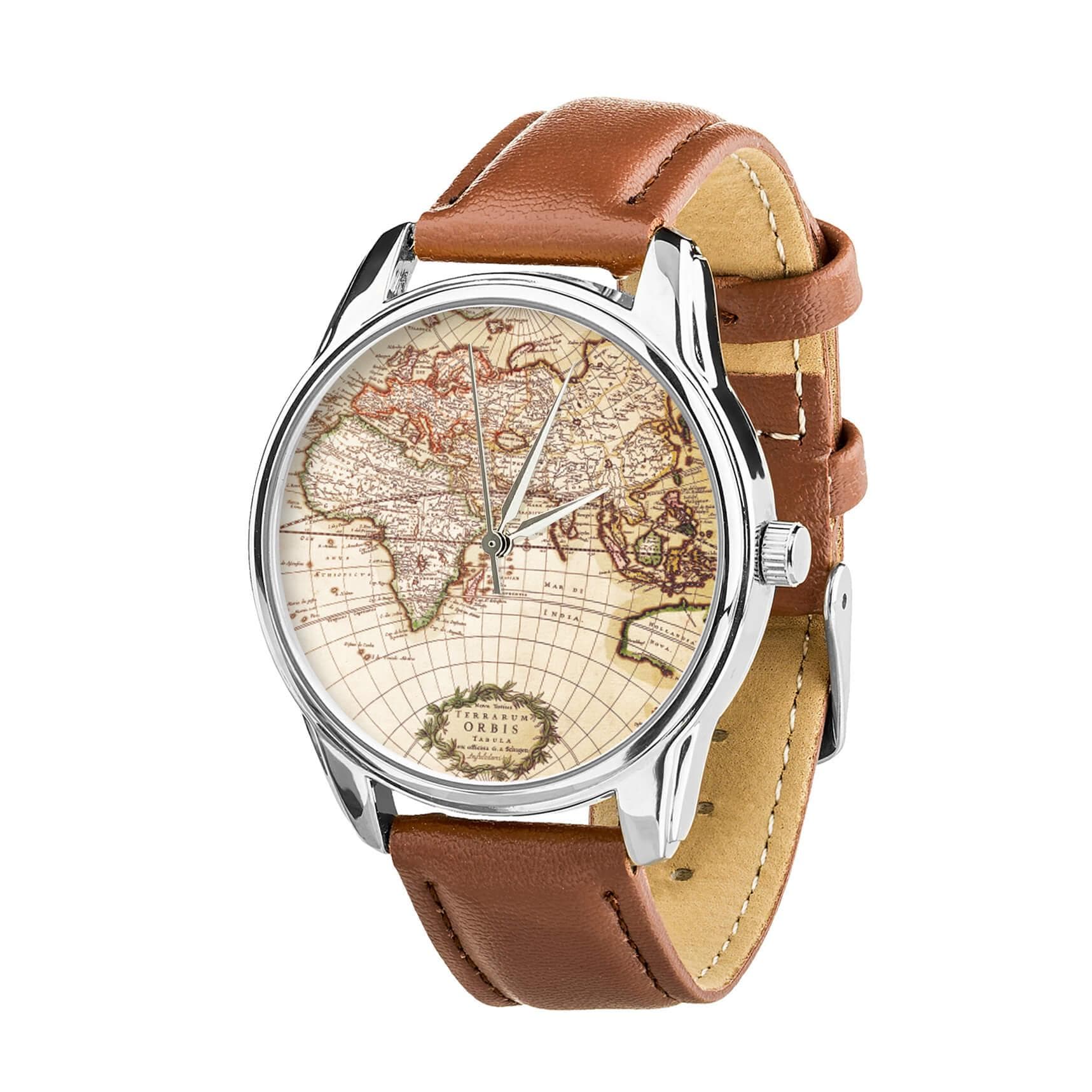 Polshorloge oude wereldkaart op bruine band, cadeau voor hem reizigerspolshorloge, gratis extra bandje in geschenkverpakking, uniseks horloge