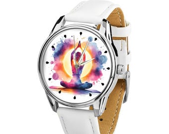 Watercolor Sunrise Yoga Pose Wristwatch – Watercolor Meditation Art on White Strap, Perfect for Yoga Lovers and Mindfulness Enthusiasts