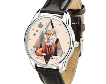 Geometric Fox Watch – Trendy Wristwatch for Her, Forest Animal Design, Perfect Gift for Women and Men