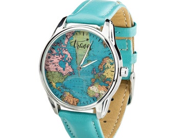 Blue Watch World Map. Travel watch wholesale. Mens wrist watch. Vintage wrist watch with map. Unisex wrist watch. Going away gift ZIZ watch.