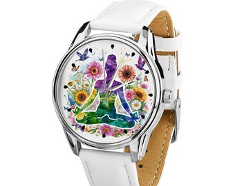 Artistic Yoga Wristwatch – Blooming Flowers Meditation Art, Elegant White Band, Gift for Women, Perfect for Yoga Enthusiasts